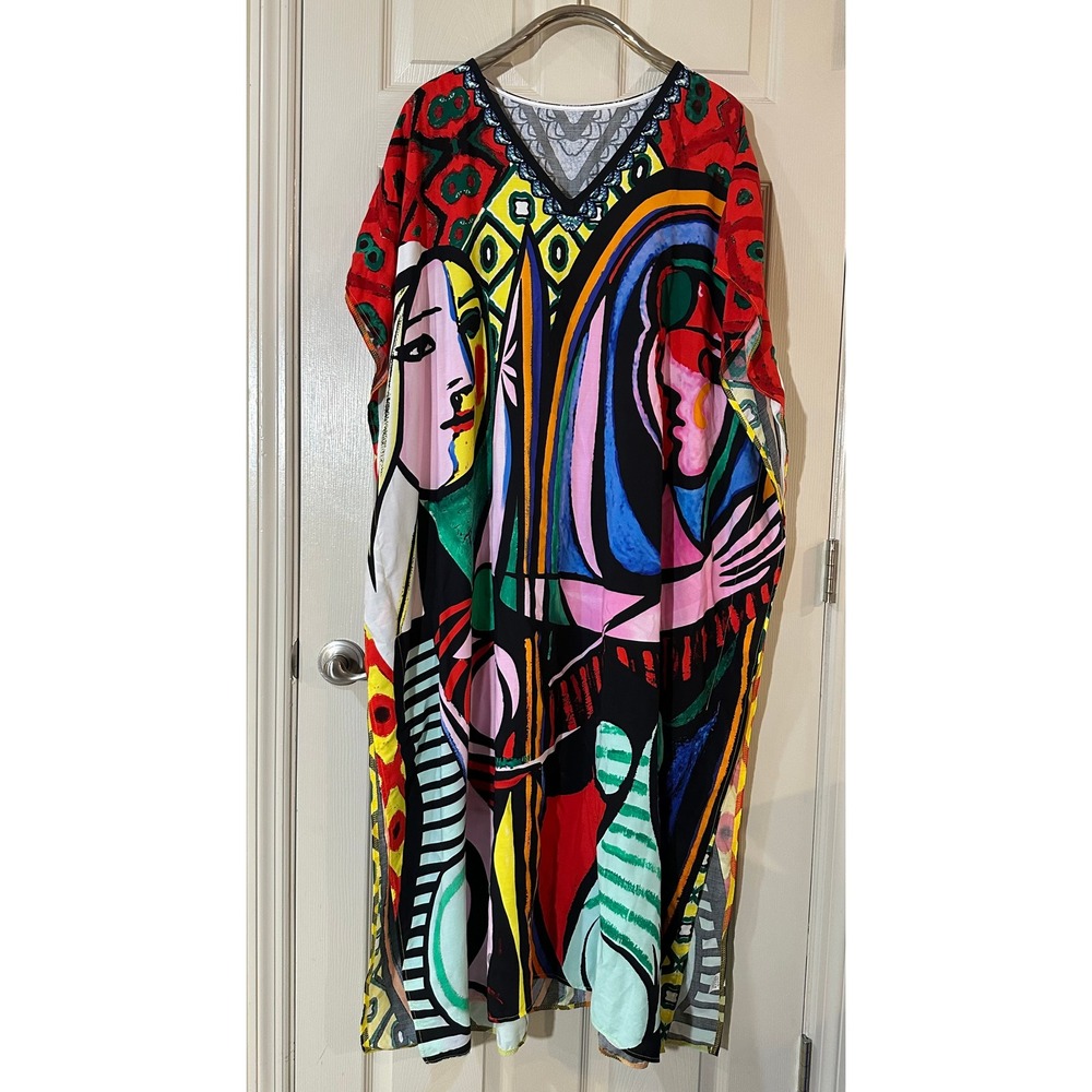 Picasso Inspired Cubist Art Kaftan Maxi Dress V-Neck Multi Color Oversized OS